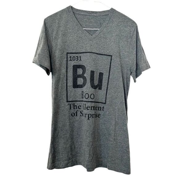 TeePublic Bu Boo The Element Of Surprise Graphic V-Neck Gray T-Shirt Size Large - Picture 3 of 4
